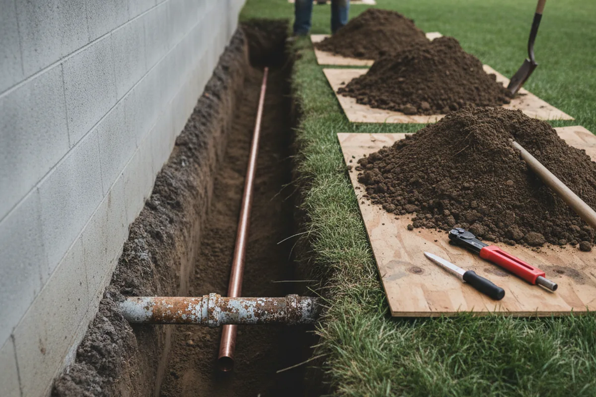 Excavated water line trench during Water Heater Repair in Wyandanch